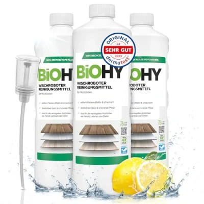 Imagen de BiOHY Detergente robot de limpieza (3 botellas 1 litro) + Dosificador Limpiador para los suelos madera parquet y laminado Concentrado con fragancia fresca (Wischroboter Holz)