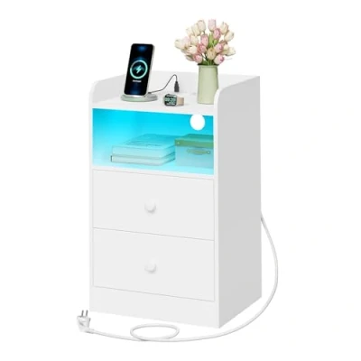 Imagen de WOLTU Mesita de Noche con Estación Carga y Luz LED, Mesa Auxiliar Enchufes, Puertos USB, Madera Cajones, 40x35x64 cm, para Dormitorio, Blanca, NTS07ws