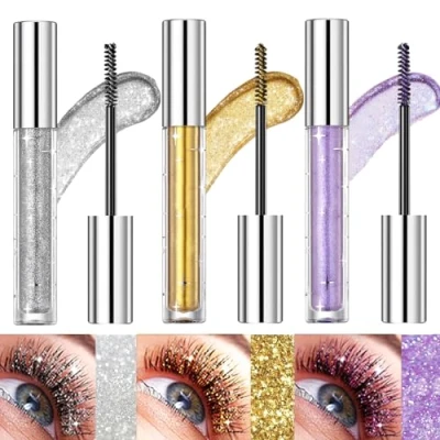 Imagen de 3 Colores Mascara de Pestañas Waterproof, Máscara Líquido 5D Volumen y Longitud, Rimel con Brillo Larga Duración Definición, Colorida Adecuada para Fiestas Bodas