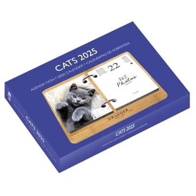 Imagen de Draeger Paris Estuche Efemérido Agenda Yvon 2025 7 idiomas 365 hojas y base de bambú reutilizable 1 foto para cada día del año Gatos Soporte cita