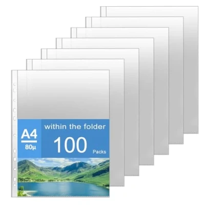 Imagen de 100 Unidades de Fundas Transparentes para Archivos, Folletos DIN A4, Plástico 80 µ A4 Abiertas Lateralmente, PP, Bolsas
