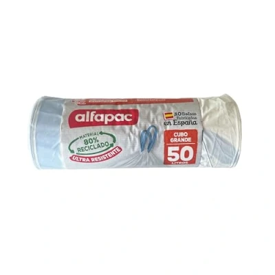 Imagen de ALFAPAC Bolsas de basura 10u 50L, Ultra resistentes, Triple capa, Antigoteo, autocierre blancas