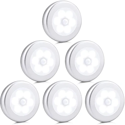 Imagen de Paquete de 6 luces nocturnas LED con sensor movimiento redondo, magnéticas y adhesivas, armario, escaleras, dormitorio, garaje, baño