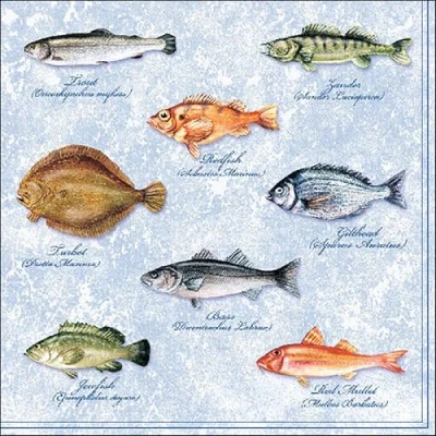 Imagen de Ambiente 20 St. Servilletas 3 Capas Seafood Fishes Peces Azul Blanco 33 X 33CM