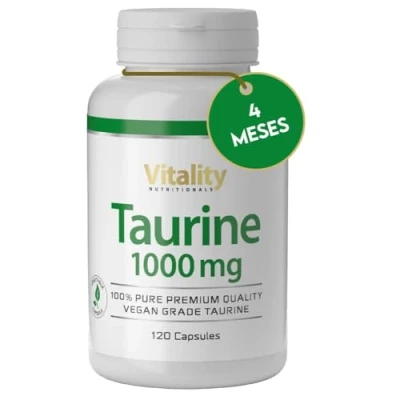 Imagen de Taurina Pura 1000 mg por cápsula, 1 cápsula al día para 4 meses de tratamiento. Sin lactosa, soja, gluten ni levadura. Vegano. Vitality Nutritionals by VitaminExpress.