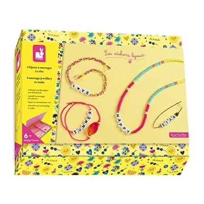 Imagen de Janod Estuche 4 Joyas con Mensajes para Crear Les Ateliers Bijoux Kit Infantil de Manualidades Creativas Desarrolla la Motricidad Fina y Creatividad A partir 6 Años, J07932