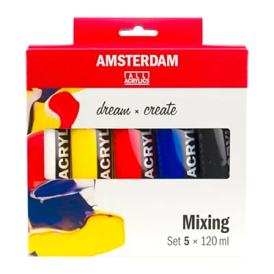 Imagen de Amsterdam Standard Series Pintura Acrílica Set de Mezcla Teoría del Color (5 x 120 ml) Colores Primarios Cálidos + Negro y Blanco