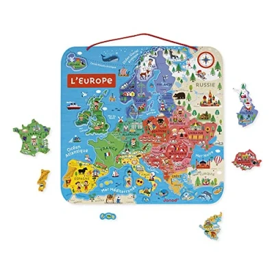 Imagen de Janod Mapa europeo magnético de madera Recorrido por Europa en 40 imanes Puzzle educativo con Ilustraciones para descubrir la geografía, colgar pared A Partir 7 años, J05476