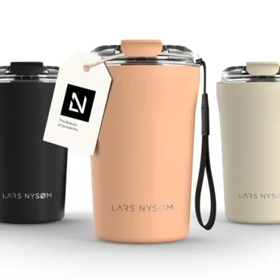 Imagen de LARS NYSØM Taza térmica Café para llevar con correa y Tapa Tritan Termo de 0,38 litros aislante Travel mug acero inoxidable a prueba fugas (Creamy Peach, 380ml)