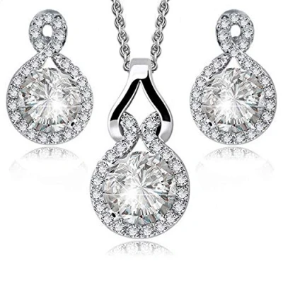 Imagen de Crystalline Azuria Mujer 18ct Chapado en Oro Blanco Redondo Cristales de Zirconia Juego joyas Collar con Colgante 45 cm Pendientes para y Niña