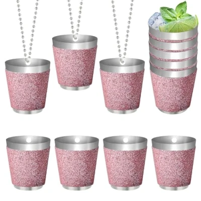 Imagen de NEOVSUNY 12 vasos de chupito acero inoxidable con cadena, 30 ml, reutilizables, chupito, para fiestas, color rosa, metal colgar bodas, carnaval, cata vino, fiesta