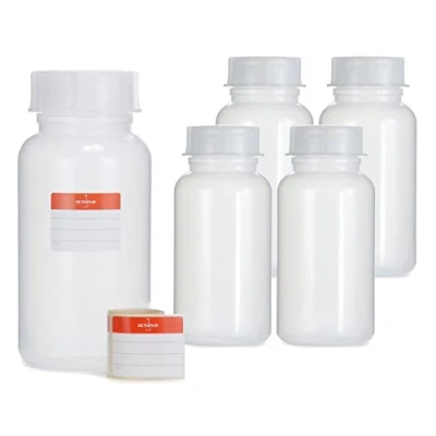 Imagen de 5 frascos de 1000 ml cuello ancho LDPE con tapa rosca, vacíos 1 litro productos químicos, laboratorio como contenedor almacenamiento