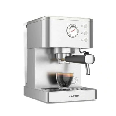 Imagen de Klarstein SteelPresso Cafetera Espresso 20 Bares, 1350W, Acero Inoxidable, Vaporizador, Depósito 1.5L, Diseño Compacto, Placa Calentadora, Ideal Cocinas Pequeñas