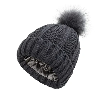 Imagen de TOEECY Gorros Invierno Mujer Cálido Sombrero de Punto con Pompón Piel Sintética Suave Grueso Gorra Tejida Satén Forrado Proteger el Peinado Moda Cómodo Slouchy Bobble Beanie (Gris Oscuro)