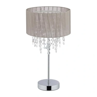 Imagen de Relaxdays Lámpara de Mesa con Cristales Colgantes, Pantalla Organza, Base Redonda, 43 x 24 cm, Gris &amp; Plateado, 40 W