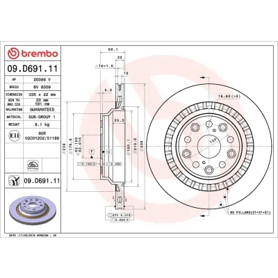 Imagen de BREMBO 09.D691.11 Disco de freno 335 22 5 ventilación interna revestido LEXUS: LS IV