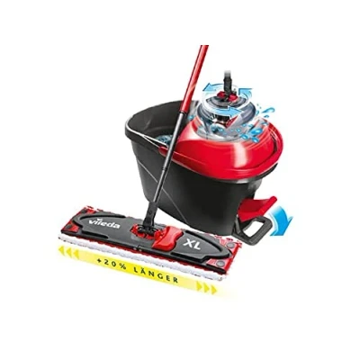 Imagen de Vileda Ultramax Turbo XL Set Juego de mopa con Mango telescópico para Grandes Superficies, Cabezal Microfibra, Cubo Centrifugado Todos los Suelos Duros, Love it Clean, Paquete ecológico