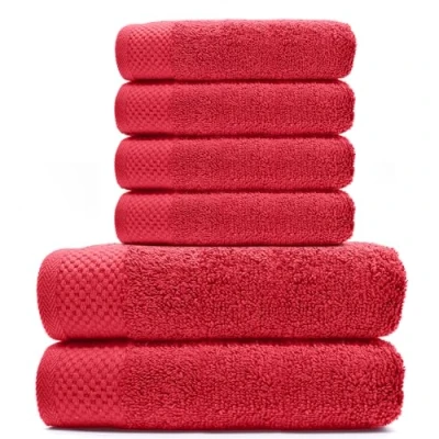 Imagen de HIPERMANTA Toallas Hotel Pack de 6 Unidades Algodon. 500 gr/m2. (4 Lavabo 50x90 y 2 Ducha 70x140) Rizo Americano. Muy Suaves Resistentes. Color Rojo