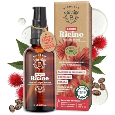 Imagen de Bionoble Aceite de Ricino Orgánico 50ml 100% Puro y Prensado en Frío Pestañas, Cejas, Cuerpo, Cabello, Barba, Uñas Vegano, Cruelty Free Botella Vidrio + Pipeta Bomba