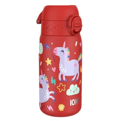 Imagen de Ion8 Botella Agua Acero Inoxidable para Niños, 400ml, a Prueba de Fugas, Fácil Abrir, Cerradura Segura, Apta Lavavajillas, Tapa Abatible, Asa Transporte, Limpiar, Unicornios Rojo