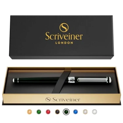 Imagen de Scriveiner Bolígrafo Roller Verde Lujoso Muy Oscuro, Acabado Cromado, Recambio de Tinta Schmidt, Mejor Set Regalo Empresa para Hombre y Mujer, Profesional, Oficina Ejecutiva