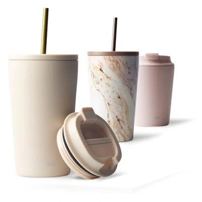 Imagen de MAMEIDO Termo Cafe con Pajita y Tapa 470ml Vaso Termico Antigoteo, Taza Termica acero inox sin BPA, para llevar (Ivory Beige, 0,47l)