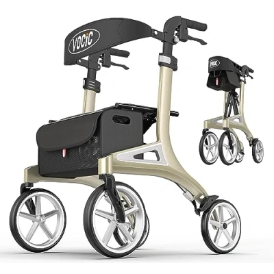 Imagen de VOCIC Andador plegable ligero para ancianos,Andadores adultos con asiento y 4 ruedas,Respaldo regulable en altura profundidad,Aluminio ajustable andador,Verde