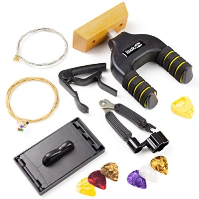 Imagen de RockJam Kit de accesorios universales para guitarra con soporte pared guitarra, cuerdas eléctrica, acústica, multiherramienta, cejilla, púas y