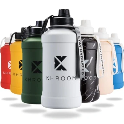 Imagen de Khroom Botella de agua acero inoxidable 2,2L Apta para bebidas con gas, irrompible, ideal deportes, gimnasio y ocio deportiva 2 litros XXL Water Jug Gym Gris