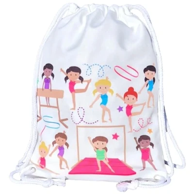 Imagen de HECKBO Mochila niñas, bolsa de ballet algodón color blanco, estampada por ambos lados con gimnastas colores, 40 x 30 cm, también adecuado para el jardín infancia