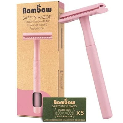 Imagen de Bambaw Maquinilla Afeitar Clásica, Afeitadora Manual para Mujer con 5 Cuchilla de Doble Filo, Compatible Todas las Hojas Afeitar, Safety Razor Rosa