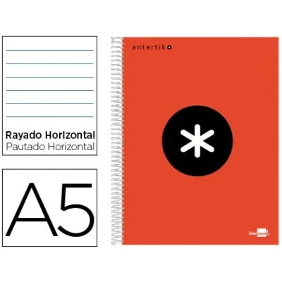 Imagen de Cuaderno espiral liderpapel a5 micro antartik tapa forrada 120h 100 gr horizontal 5 bandas 6 taladros color rojo.