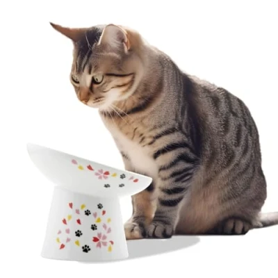 Imagen de Necoichi Cuenco Elevado Extra Ancho para Comida Gatos, Elevado, Evita la Fatiga del Cuello y el Bigote, Apto lavavajillas microondas, Vendedor número 1 en Japón (Sakura Edición Limitada,