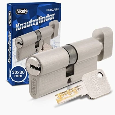Imagen de GERCAR Cilindro 30/30 con pomo para cerradura de puerta (latón mate, niquelado, incluye 5 llaves, longitud: 60 mm, A: 30 ancho: 1 unidad)