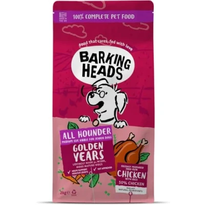 Imagen de Barking Heads Comida Seca para perros mayores Golden Years 100% Natural, Pollo de corral y pescado sin aromas artificiales, Niveles grasa proteína óptimos mayores, 2 kg