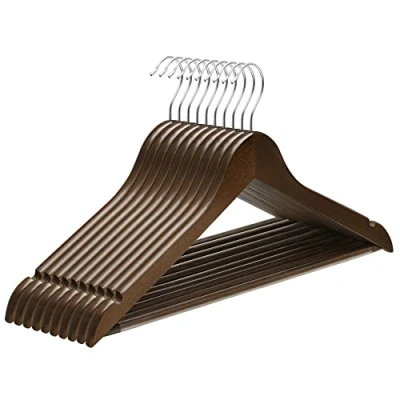 Imagen de SONGMICS Percha de Madera Maciza, Juego 10, con Ranuras para Hombros, Barra Antideslizante Pantalones, Gancho Giratorio 360, Trajes, Camisas, Abrigos, Nogal Oscuro y Plata CRW001V01