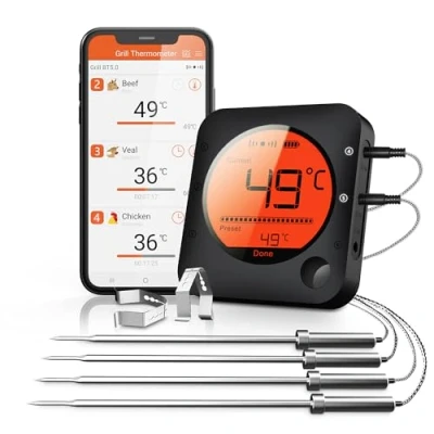 Imagen de BFOUR termómetro con Bluetooth, temporizador, 4 sensores de temperatura, sondas digital, pantalla LED, lectura inmediata (4 sondas)