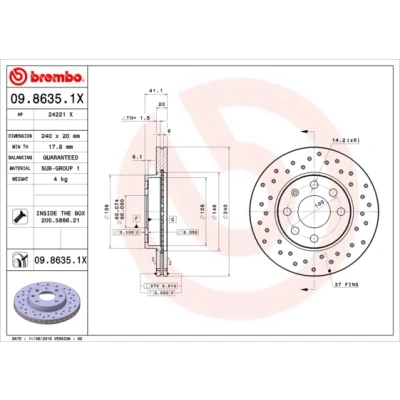 Imagen de BREMBO XTRA LINE 09.8635.1X Disco de freno 240 20 4 perforado/ventil. int. revestido con tornillos OPEL: Corsa C Hatchback, С Furgón