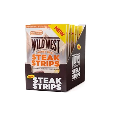 Imagen de Wild West Steak Strips, 16 x 60 g Honey BBQ, carne seca altamente proteica, snack proteico Beef Jerky, cecina de vaca