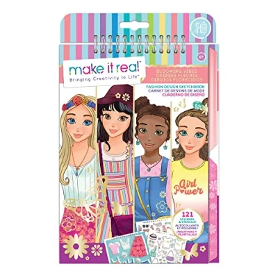 Imagen de Make It Real Cuaderno de bocetos diseño moda: Blooming Vibes moda para niñas Kit Libro colorear 6 8 10 12 14