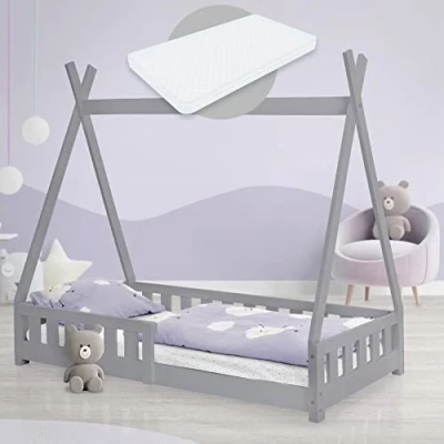 Imagen de ML Design Cama Infantil Tipi Gris Claro con Colchón De Espuma Fría 80x160 cm Protección Anticaída Somier Estructura Listones Madera Maciza Pino para Niñas Y Niños Forma Tienda Cuna Juvenil