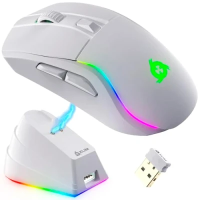 Imagen de KLIM Blaze Y Ratón inalámbrico RGB Recargable con estación de Carga Novedad Sensor Alta precisión batería Larga duración hasta 6000 dpi Cable Blanco