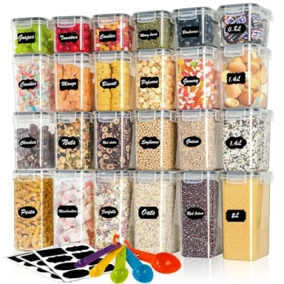 Imagen de Withosent 24 recipientes con tapa, caja de almacenamiento hermética, plástico, recipiente cereales, juego (2 l, 1,4 0,8 L)