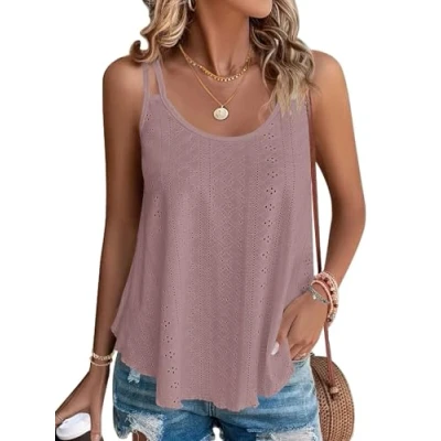 Imagen de WNEEDU Camisetas sin Mangas de Verano para Mujer Chalecos Top Loost Fit Camisas Casuales Chaleco Bordado con Ojales Blusas Cami Camisola Rosa S