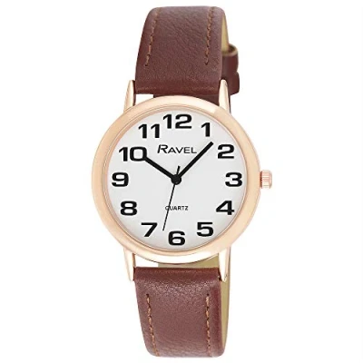Imagen de Ravel Reloj Unisex de Correa fácil Lectura con números Grandes Marrón/Tono Dorado Rosa/Esfera Blanca
