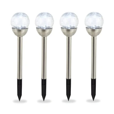 Imagen de Relaxdays Set de cuatro luces solares para jardín, Lámparas modernas, Impermeable, Estaca suelo, Luz blanca, Plateado