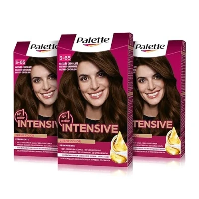 Imagen de PALETTE Intensive Creme Color 3 65 Castaño Chocolate, tinte permanente con aceite de macadamia y almendras, cubre el 100% las canas raíces, para un pelo radiante