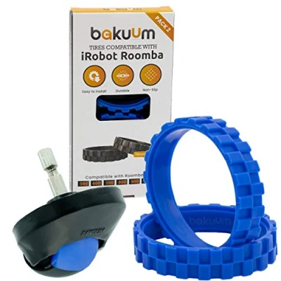 Imagen de BAKUUM Pack 2 Neumáticos + Rueda Delantera Color Azul para iRobot Roomba Series 500 600 700 800 900 i7 e5. Gran adherencia, antideslizante