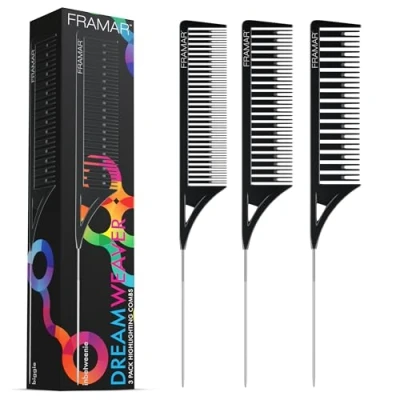 Imagen de FRAMAR Dreamweaver Juego de peines para resaltar peine cola rata con metal, peluquería teñir el cabello, cabello Paquete 3 en colores pastel