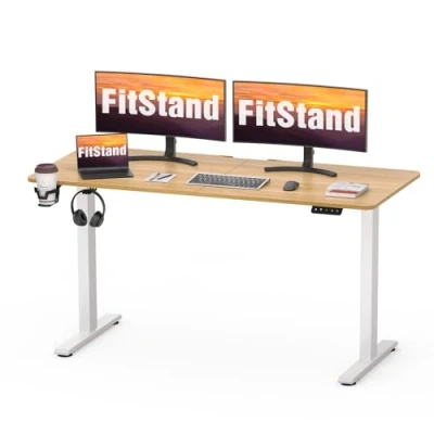 Imagen de FitStand escritorio eléctrico de pie 140 x 60 cm, altura ajustable con ganchos y panel inteligente memoria, adecuado para oficina hogar, arce